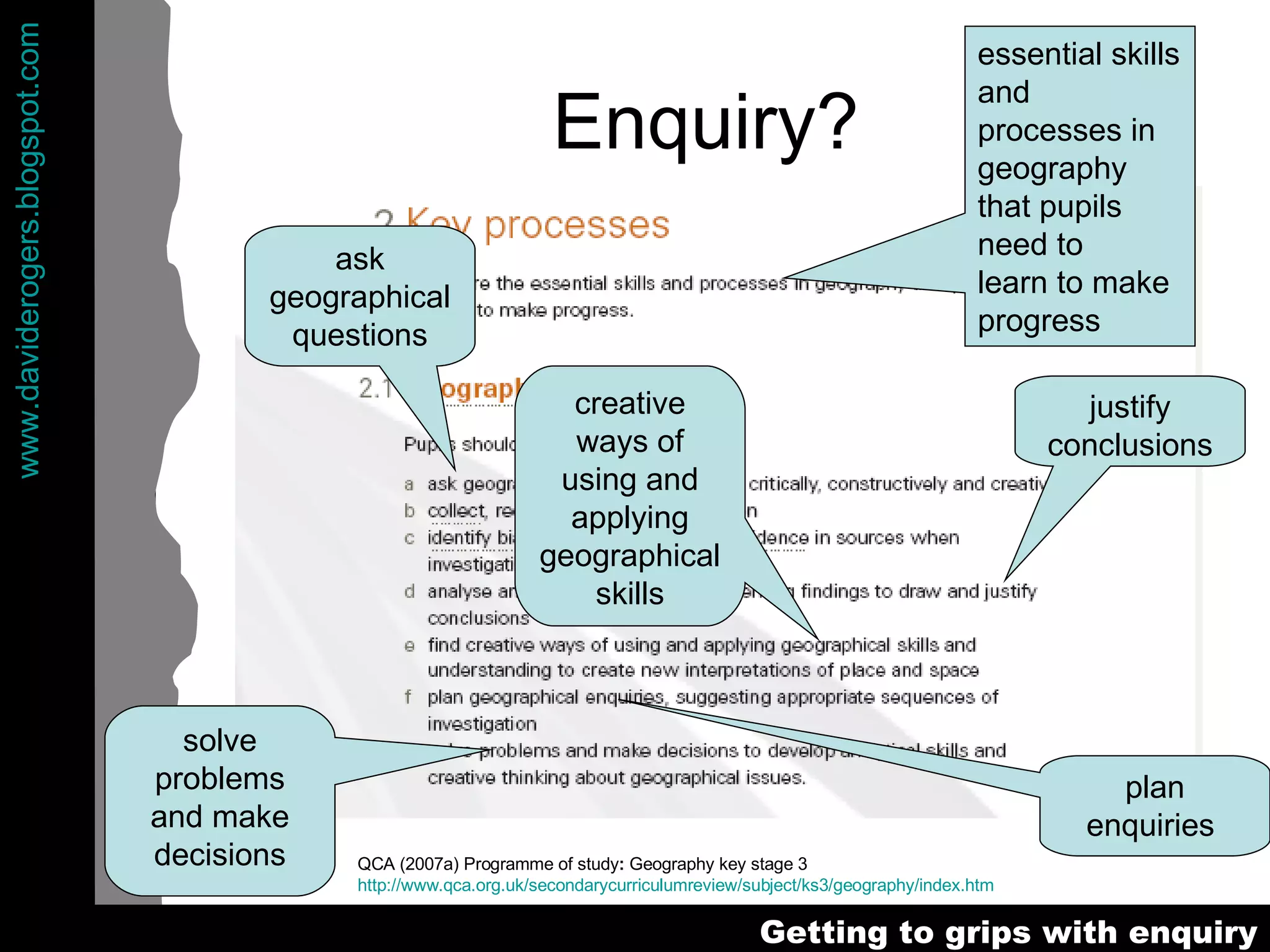 Enquiry? ask geographical questions justify conclusions creative ways of using and applying geographical skills plan enquiries  solve problems and make decisions essential skills and processes in geography that pupils need to  learn to make progress QCA (2007a) Programme of study :  Geography key stage 3  http://www.qca.org.uk/secondarycurriculumreview/subject/ks3/geography/index.htm 