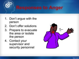 Responses to Anger
1. Don’t argue with the
person
2. Don’t offer solutions
3. Prepare to evacuate
the area or isolate
the person
4. Contact your
supervisor and
security personnel
 