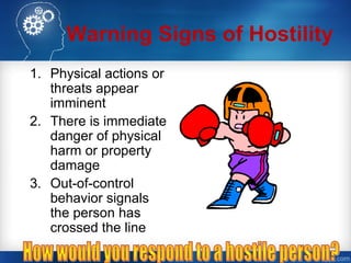 Warning Signs of Hostility
1. Physical actions or
threats appear
imminent
2. There is immediate
danger of physical
harm or property
damage
3. Out-of-control
behavior signals
the person has
crossed the line
 