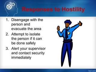 Responses to Hostility
1. Disengage with the
person and
evacuate the area
2. Attempt to isolate
the person if it can
be done safely
3. Alert your supervisor
and contact security
immediately
 