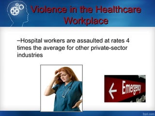 Violence in the HealthcareViolence in the Healthcare
WorkplaceWorkplace
–Hospital workers are assaulted at rates 4
times the average for other private-sector
industries
 