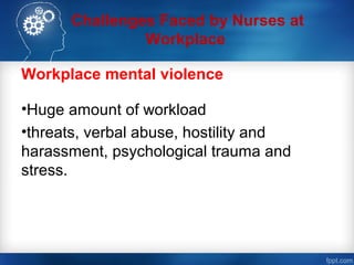 Challenges Faced by Nurses at
Workplace
Workplace mental violence
•Huge amount of workload
•threats, verbal abuse, hostility and
harassment, psychological trauma and
stress.
 