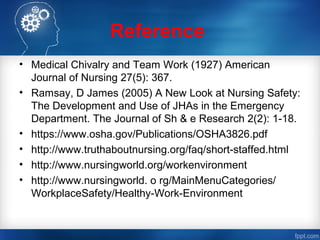 Reference
• Medical Chivalry and Team Work (1927) American
Journal of Nursing 27(5): 367.
• Ramsay, D James (2005) A New Look at Nursing Safety:
The Development and Use of JHAs in the Emergency
Department. The Journal of Sh & e Research 2(2): 1-18.
• https://www.osha.gov/Publications/OSHA3826.pdf
• http://www.truthaboutnursing.org/faq/short-staffed.html
• http://www.nursingworld.org/workenvironment
• http://www.nursingworld. o rg/MainMenuCategories/
WorkplaceSafety/Healthy-Work-Environment
 