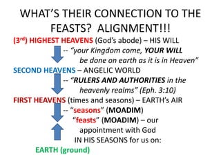 (3rd) HIGHEST HEAVENS (God’s abode) – HIS WILL
-- “your Kingdom come, YOUR WILL
be done on earth as it is in Heaven”
SECOND HEAVENS – ANGELIC WORLD
-- “RULERS AND AUTHORITIES in the
heavenly realms” (Eph. 3:10)
FIRST HEAVENS (times and seasons) – EARTH’s AIR
-- “seasons” (MOADIM)
“feasts” (MOADIM) – our
appointment with God
IN HIS SEASONS for us on:
EARTH (ground)
WHAT’S THEIR CONNECTION TO THE
FEASTS? ALIGNMENT!!!
 