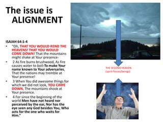 The issue is
ALIGNMENT
ISAIAH 64:1-4
• “Oh, THAT YOU WOULD REND THE
HEAVENS! THAT YOU WOULD
COME DOWN! That the mountains
might shake at Your presence-
• 2 As fire burns brushwood, As fire
causes water to boil-To make Your
name known to Your adversaries,
That the nations may tremble at
Your presence!
• 3 When You did awesome things for
which we did not look, YOU CAME
DOWN, The mountains shook at
Your presence.
• 4 For since the beginning of the
world Men have not heard nor
perceived by the ear, Nor has the
eye seen any God besides You, Who
acts for the one who waits for
Him.”
THE SECOND HEAVEN
(spirit forces/beings)
 