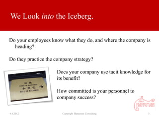We Look into the Iceberg.

Do your employees know what they do, and where the company is
  heading?

Do they practice the ...