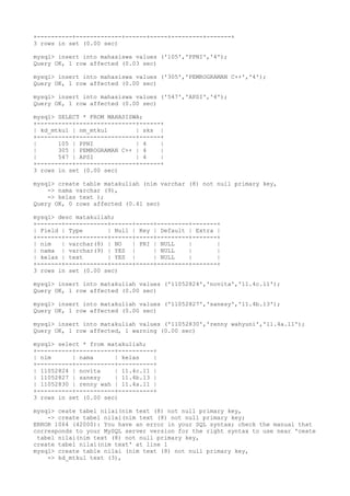 +----------+-------------+------+-----+---------+-------+
3 rows in set (0.00 sec)
mysql> insert into mahasiswa values ('105','PPNI','4');
Query OK, 1 row affected (0.03 sec)
mysql> insert into mahasiswa values ('305','PEMROGRAMAN C++','4');
Query OK, 1 row affected (0.00 sec)
mysql> insert into mahasiswa values ('547','APSI','4');
Query OK, 1 row affected (0.00 sec)
mysql> SELECT * FROM MAHASISWA;
+----------+-----------------+------+
| kd_mtkul | nm_mtkul | sks |
+----------+-----------------+------+
| 105 | PPNI | 4 |
| 305 | PEMROGRAMAN C++ | 4 |
| 547 | APSI | 4 |
+----------+-----------------+------+
3 rows in set (0.00 sec)
mysql> create table matakuliah (nim varchar (8) not null primary key,
-> nama varchar (9),
-> kelas text );
Query OK, 0 rows affected (0.41 sec)
mysql> desc matakuliah;
+-------+------------+------+-----+---------+-------+
| Field | Type | Null | Key | Default | Extra |
+-------+------------+------+-----+---------+-------+
| nim | varchar(8) | NO | PRI | NULL | |
| nama | varchar(9) | YES | | NULL | |
| kelas | text | YES | | NULL | |
+-------+------------+------+-----+---------+-------+
3 rows in set (0.00 sec)
mysql> insert into matakuliah values ('11052824','novita','11.4c.11');
Query OK, 1 row affected (0.00 sec)
mysql> insert into matakuliah values ('11052827','sanesy','11.4b.13');
Query OK, 1 row affected (0.00 sec)
mysql> insert into matakuliah values ('11052830','renny wahyuni','11.4a.11');
Query OK, 1 row affected, 1 warning (0.00 sec)
mysql> select * from matakuliah;
+----------+-----------+----------+
| nim | nama | kelas |
+----------+-----------+----------+
| 11052824 | novita | 11.4c.11 |
| 11052827 | sanesy | 11.4b.13 |
| 11052830 | renny wah | 11.4a.11 |
+----------+-----------+----------+
3 rows in set (0.00 sec)
mysql> ceate tabel nilai(nim text (8) not null primary key,
-> create tabel nilai(nim text (8) not null primary key;
ERROR 1064 (42000): You have an error in your SQL syntax; check the manual that
corresponds to your MySQL server version for the right syntax to use near 'ceate
tabel nilai(nim text (8) not null primary key,
create tabel nilai(nim text' at line 1
mysql> create table nilai (nim text (8) not null primary key,
-> kd_mtkul text (3),
 