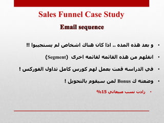 Sales Funnel Case Study
•‫المده‬ ‫هذه‬ ‫بعد‬ ‫و‬..‫يستجيبوا‬ ‫لم‬ ‫اشخاص‬ ‫هناك‬ ‫كان‬ ‫اذا‬!!
•‫اخرى‬ ‫لقائمه‬ ‫القائمه‬ ...