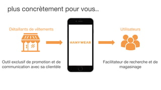 plus concrètement pour vous..
Détaillants de vêtements Utilisateurs
Outil exclusif de promotion et de
communication avec sa clientèle
Facilitateur de recherche et de
magasinage
 