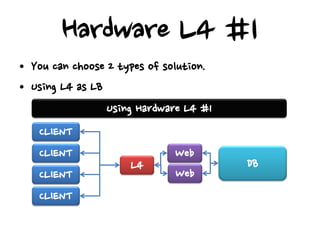 Hardware L4 #1
• You can choose 2 types of solution.
• Using L4 as LB
                 Using Hardware L4 #1
   CLIENT
   CLIENT                     Web
                      L4                DB
   CLIENT                     Web
   CLIENT
 