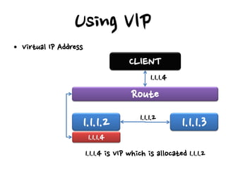 Using VIP
• Virtual IP Address
                                      CLIENT
                                             1.1.1.4
                                      Route
                                         1.1.1.2
                       1.1.1.2                          1.1.1.3
                        1.1.1.4
                       1.1.1.4 is VIP which is allocated 1.1.1.2
 