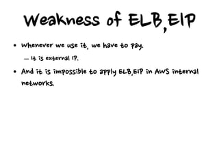Weakness of ELB,EIP
• Whenever we use it, we have to pay.
   – It is external IP.
• And it is impossible to apply ELB,EIP in AWS internal
  networks.
 