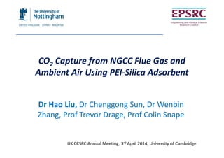 CO2 Capture from NGCC Flue Gas and
Ambient Air Using PEI-Silica Adsorbent
Dr Hao Liu, Dr Chenggong Sun, Dr Wenbin
Zhang, Prof Trevor Drage, Prof Colin Snape
UK CCSRC Annual Meeting, 3rd April 2014, University of Cambridge
 