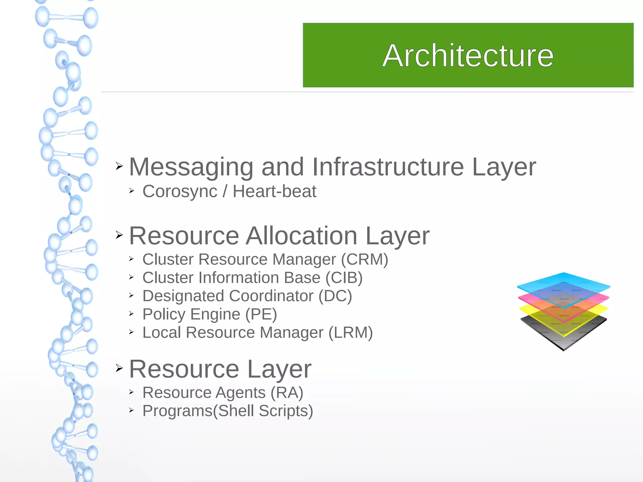 ➢ Messaging and Infrastructure Layer
➢ Corosync / Heart-beat
➢ Resource Allocation Layer
➢ Cluster Resource Manager (CRM)
➢ Cluster Information Base (CIB)
➢ Designated Coordinator (DC)
➢ Policy Engine (PE)
➢ Local Resource Manager (LRM)
➢ Resource Layer
➢ Resource Agents (RA)
➢ Programs(Shell Scripts)
Architecture
 