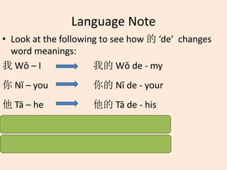 Language Note
• Look at the following to see how 的 ‘de’ changes
word meanings:
我 Wǒ – I 我的 Wǒ de - my
你 Nǐ – you 你的 Nǐ de - your
他 Tā – he 他的 Tā de - his
她 Tā – she 她的 Tā de - her
它 Tā – it 它的 Tā de - its
 