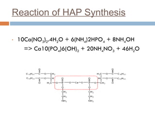 Reaction of HAP Synthesis 10Ca(NO 3 ) 2 .4H 2 O + 6(NH 4 )2HPO 4  + 8NH 4 OH  => Ca10(PO 4 )6(OH) 2  + 20NH 4 NO 3  + 46H 2 O 