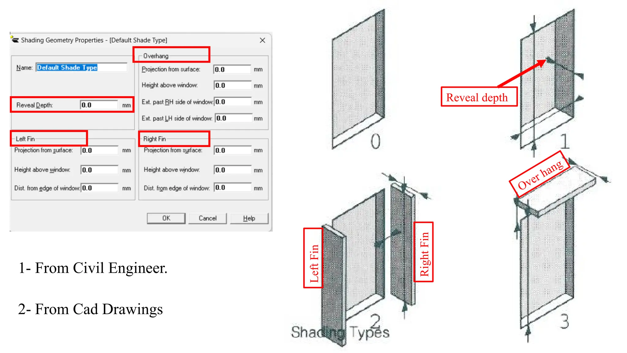 Reveal depth
Over hang
Right
Fin
Left
Fin
1- From Civil Engineer.
2- From Cad Drawings
 