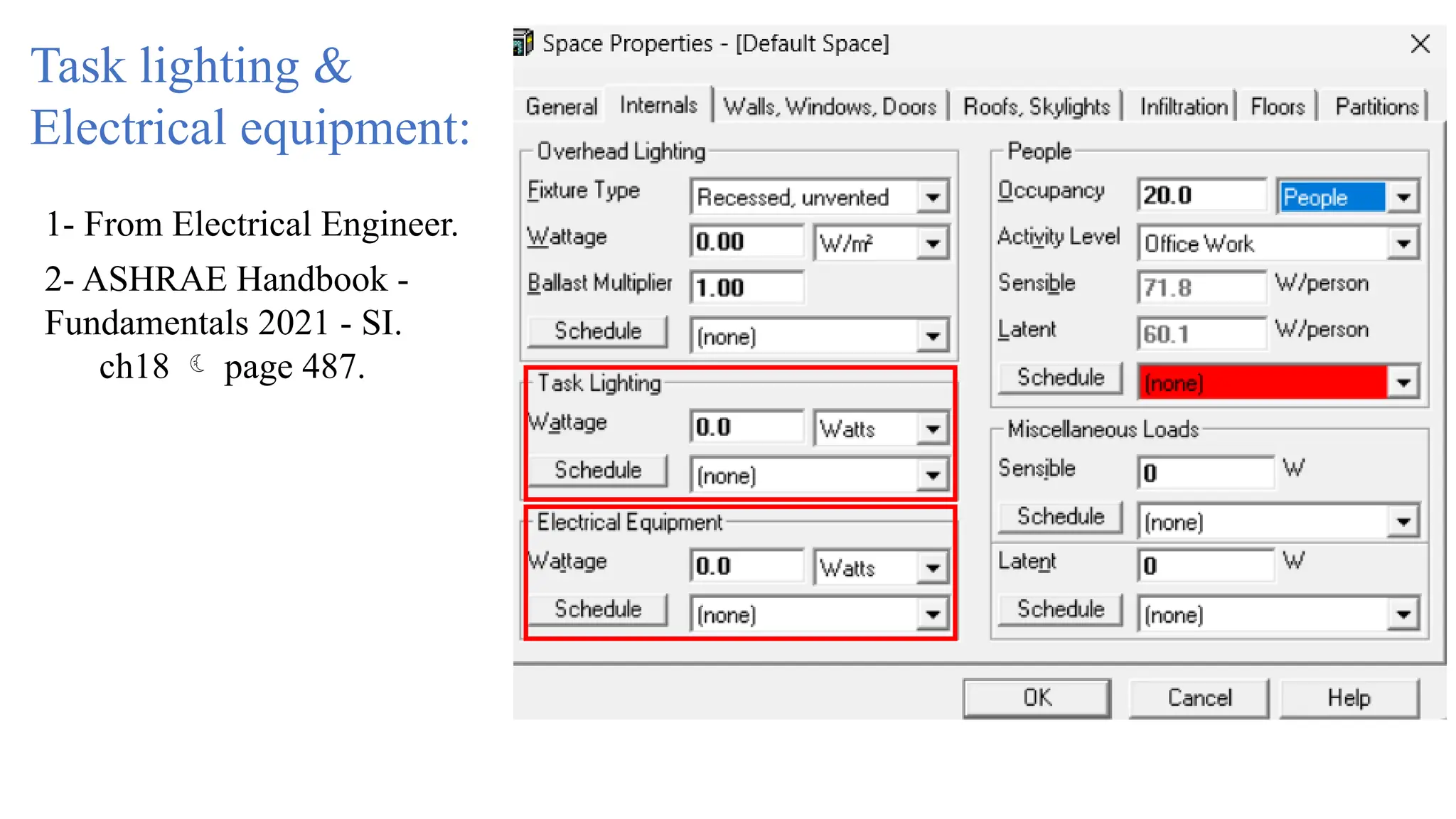 Task lighting &
Electrical equipment:
1- From Electrical Engineer.
2- ASHRAE Handbook -
Fundamentals 2021 - SI.
ch18  page 487.
 