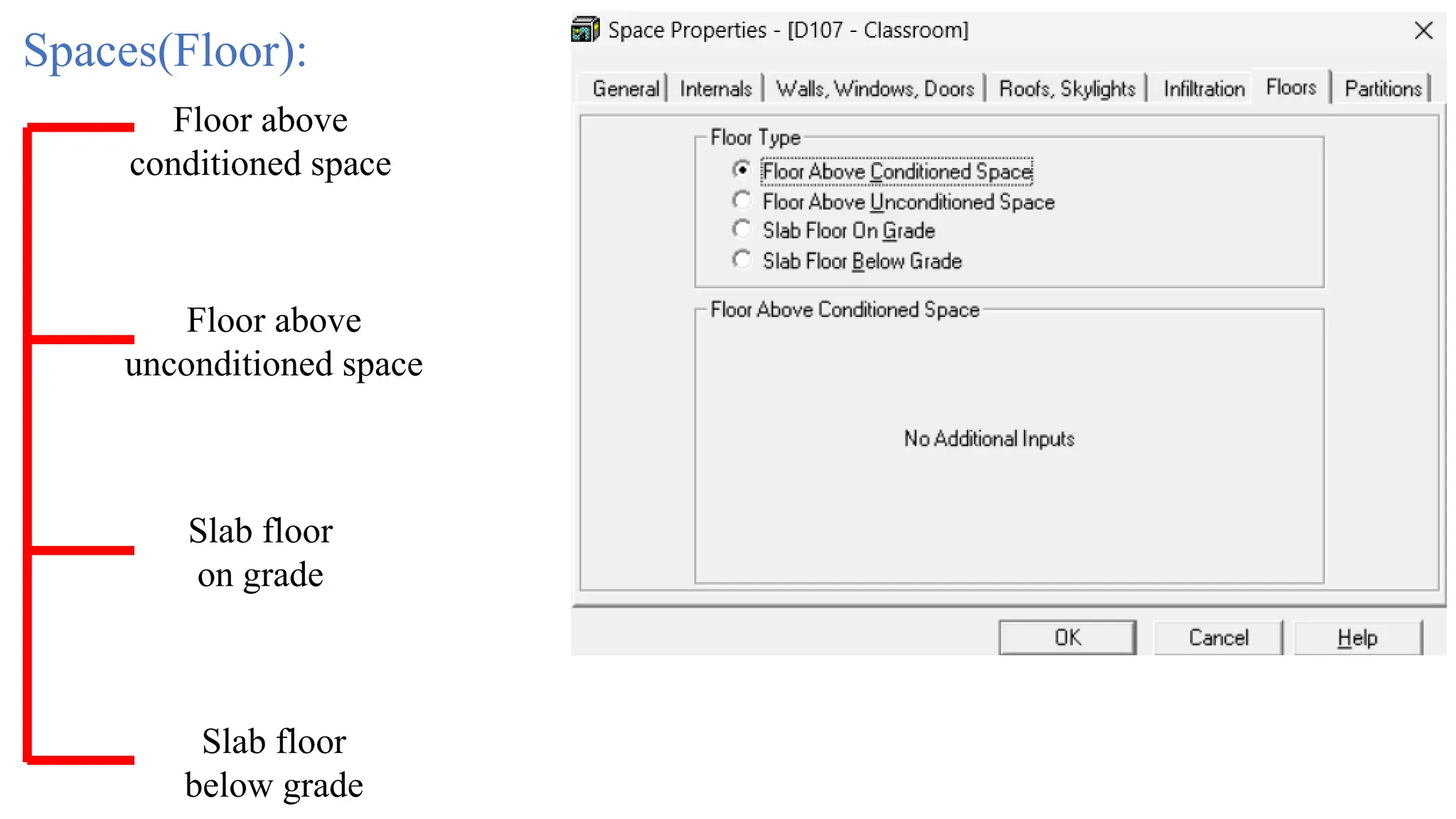 Spaces(Floor):
Floor above
conditioned space
Floor above
unconditioned space
Slab floor
on grade
Slab floor
below grade
 