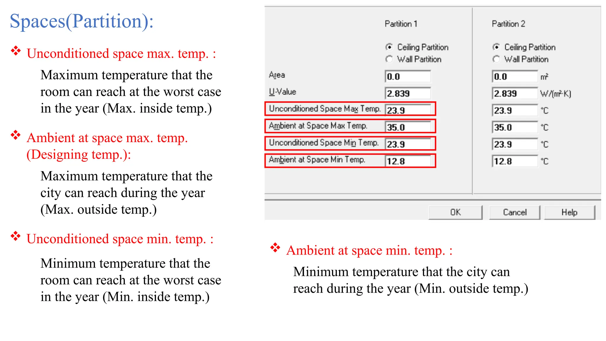 Spaces(Partition):
 Unconditioned space max. temp. :
 Ambient at space max. temp.
(Designing temp.):
 Ambient at space min. temp. :
 Unconditioned space min. temp. :
Maximum temperature that the
room can reach at the worst case
in the year (Max. inside temp.)
Maximum temperature that the
city can reach during the year
(Max. outside temp.)
Minimum temperature that the
room can reach at the worst case
in the year (Min. inside temp.)
Minimum temperature that the city can
reach during the year (Min. outside temp.)
 
