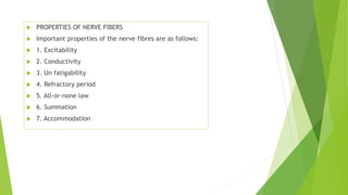  PROPERTIES OF NERVE FIBERS
 Important properties of the nerve fibres are as follows:
 1. Excitability
 2. Conductivity
 3. Un fatigability
 4. Refractory period
 5. All-or-none law
 6. Summation
 7. Accommodation
 
