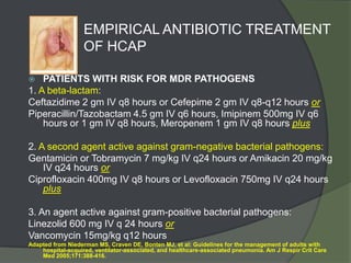 EMPIRICAL ANTIBIOTIC TREATMENT
                   OF HCAP

   PATIENTS WITH RISK FOR MDR PATHOGENS
1. A beta-lactam:
Ceftazidime 2 gm IV q8 hours or Cefepime 2 gm IV q8-q12 hours or
Piperacillin/Tazobactam 4.5 gm IV q6 hours, Imipinem 500mg IV q6
    hours or 1 gm IV q8 hours, Meropenem 1 gm IV q8 hours plus

2. A second agent active against gram-negative bacterial pathogens:
Gentamicin or Tobramycin 7 mg/kg IV q24 hours or Amikacin 20 mg/kg
    IV q24 hours or
Ciprofloxacin 400mg IV q8 hours or Levofloxacin 750mg IV q24 hours
    plus

3. An agent active against gram-positive bacterial pathogens:
Linezolid 600 mg IV q 24 hours or
Vancomycin 15mg/kg q12 hours
Adapted from Niederman MS, Craven DE, Bonten MJ, et al: Guidelines for the management of adults with
    hospital-acquired, ventilator-associated, and healthcare-associated pneumonia. Am J Respir Crit Care
    Med 2005;171:388-416.
 