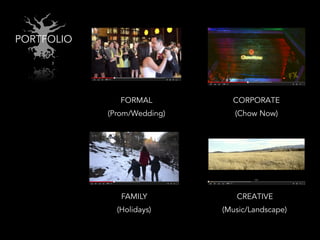 PORTFOLIO
CORPORATE
(Chow Now)
FORMAL
(Prom/Wedding)
FAMILY
(Holidays)
CREATIVE
(Music/Landscape)
 