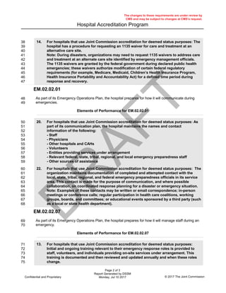 Hospital Accreditation Program
The changes to these requirements are under review by
CMS and may be subject to changes at CMS’s request.
38
39
40
41
42
43
44
45
46
47
For hospitals that use Joint Commission accreditation for deemed status purposes: The
hospital has a procedure for requesting an 1135 waiver for care and treatment at an
alternative care site.
Note: During disasters, organizations may need to request 1135 waivers to address care
and treatment at an alternate care site identified by emergency management officials.
The 1135 waivers are granted by the federal government during declared public health
emergencies; these waivers authorize modification of certain federal regulatory
requirements (for example, Medicare, Medicaid, Children’s Health Insurance Program,
Health Insurance Portability and Accountability Act) for a defined time period during
response and recovery.
14.
EM.02.02.01
Elements of Performance for EM.02.02.01
48
49
As part of its Emergency Operations Plan, the hospital prepares for how it will communicate during
emergencies.
50
51
52
53
54
55
56
57
58
59
For hospitals that use Joint Commission accreditation for deemed status purposes: As
part of its communication plan, the hospital maintains the names and contact
information of the following:
- Staff
- Physicians
- Other hospitals and CAHs
- Volunteers
- Entities providing services under arrangement
- Relevant federal, state, tribal, regional, and local emergency preparedness staff
- Other sources of assistance
20.
60
61
62
63
64
65
66
67
68
For hospitals that use Joint Commission accreditation for deemed status purposes: The
organization maintains documentation of completed and attempted contact with the
local, state, tribal, regional, and federal emergency preparedness officials in its service
area. This contact is made for the purpose of communication, and where possible
collaboration, on coordinated response planning for a disaster or emergency situation.
Note: Examples of these contacts may be written or email correspondence; in-person
meetings or conference calls; regular participation in health care coalitions, working
groups, boards, and committees; or educational events sponsored by a third party (such
as a local or state health department).
22.
EM.02.02.07
Elements of Performance for EM.02.02.07
69
70
As part of its Emergency Operations Plan, the hospital prepares for how it will manage staff during an
emergency.
71
72
73
74
75
For hospitals that use Joint Commission accreditation for deemed status purposes:
Initial and ongoing training relevant to their emergency response roles is provided to
staff, volunteers, and individuals providing on-site services under arrangement. This
training is documented and then reviewed and updated annually and when these roles
change.
13.
Page 2 of 3
Report Generated by DSSM
Monday, Jul 10 2017 © 2017 The Joint CommissionConfidential and Proprietary
D
R
AFT
 