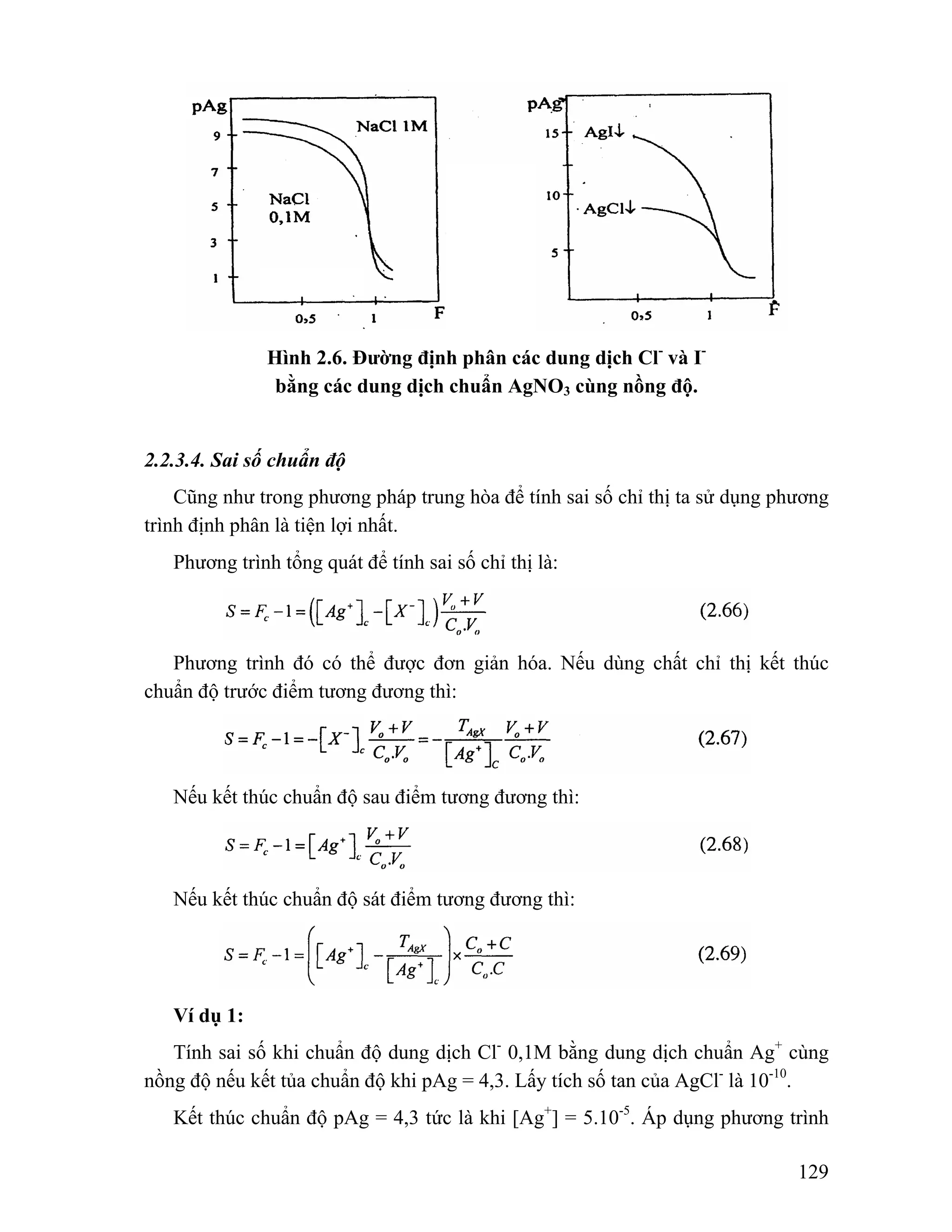 129 
Hình 2.6. Đường định phân các dung dịch Cl- và I-bằng 
các dung dịch chuẩn AgNO3 cùng nồng độ. 
2.2.3.4. Sai số chuẩn độ 
Cũng như trong phương pháp trung hòa để tính sai số chỉ thị ta sử dụng phương 
trình định phân là tiện lợi nhất. 
Phương trình tổng quát để tính sai số chỉ thị là: 
Phương trình đó có thể được đơn giản hóa. Nếu dùng chất chỉ thị kết thúc 
chuẩn độ trước điểm tương đương thì: 
Nếu kết thúc chuẩn độ sau điểm tương đương thì: 
Nếu kết thúc chuẩn độ sát điểm tương đương thì: 
Ví dụ 1: 
Tính sai số khi chuẩn độ dung dịch Cl- 0,1M bằng dung dịch chuẩn Ag+ cùng 
nồng độ nếu kết tủa chuẩn độ khi pAg = 4,3. Lấy tích số tan của AgCl- là 10-10. 
Kết thúc chuẩn độ pAg = 4,3 tức là khi [Ag+] = 5.10-5. Áp dụng phương trình 
 
