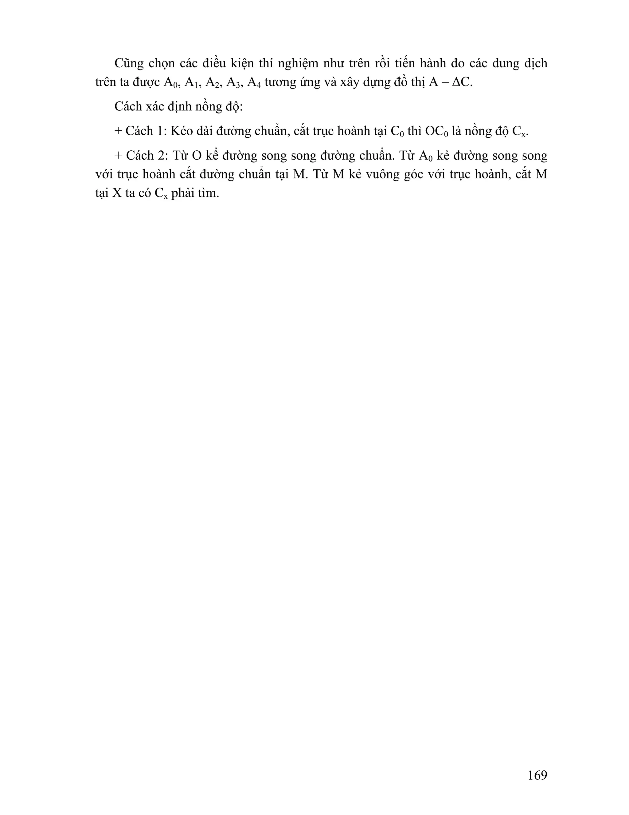 Cũng chọn các điều kiện thí nghiệm như trên rồi tiến hành đo các dung dịch 
169 
trên ta được A0, A1, A2, A3, A4 tương ứng và xây dựng đồ thị A – ΔC. 
Cách xác định nồng độ: 
+ Cách 1: Kéo dài đường chuẩn, cắt trục hoành tại C0 thì OC0 là nồng độ Cx. 
+ Cách 2: Từ O kể đường song song đường chuẩn. Từ A0 kẻ đường song song 
với trục hoành cắt đường chuẩn tại M. Từ M kẻ vuông góc với trục hoành, cắt M 
tại X ta có Cx phải tìm. 
 
