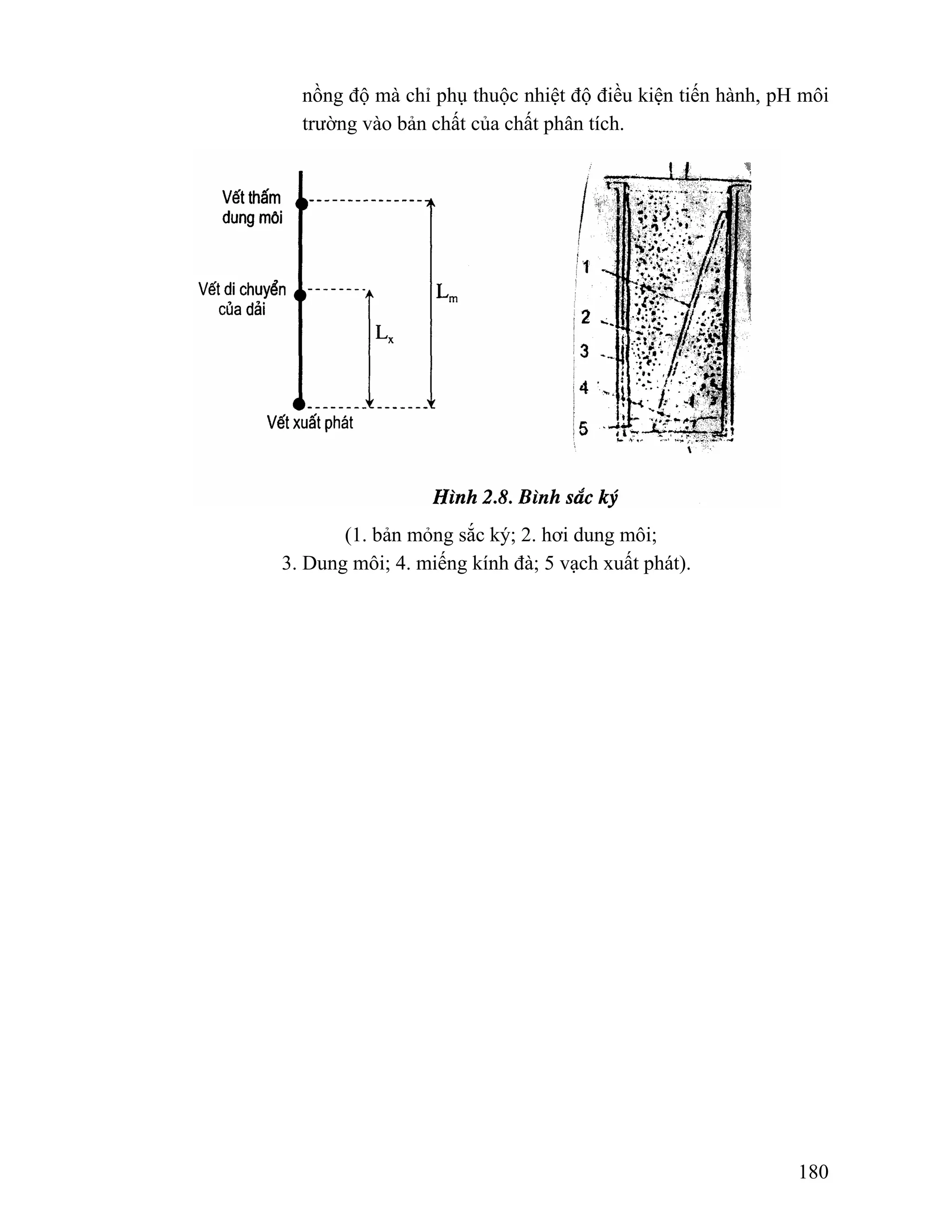 nồng độ mà chỉ phụ thuộc nhiệt độ điều kiện tiến hành, pH môi 
trường vào bản chất của chất phân tích. 
180 
(1. bản mỏng sắc ký; 2. hơi dung môi; 
3. Dung môi; 4. miếng kính đà; 5 vạch xuất phát). 
 