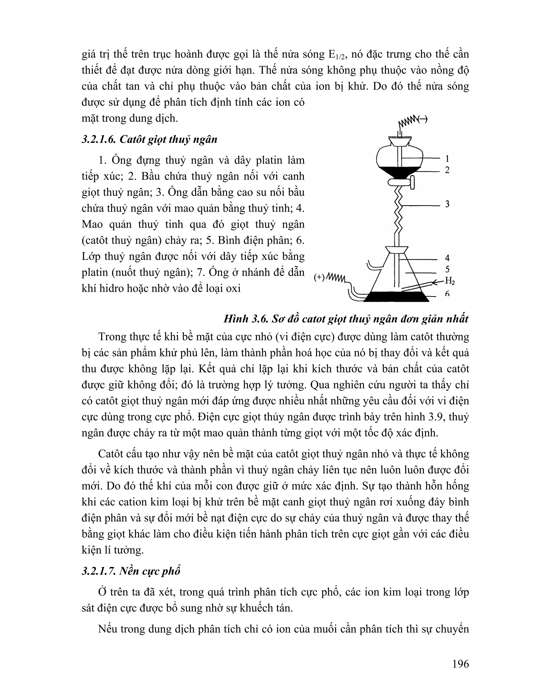 giá trị thế trên trục hoành được gọi là thế nửa sóng E1/2, nó đặc trưng cho thế cần 
thiết để đạt được nửa dòng giới hạn. Thế nửa sóng không phụ thuộc vào nồng độ 
của chất tan và chỉ phụ thuộc vào bản chất của ion bị khử. Do đó thế nửa sóng 
được sử dụng để phân tích định tính các ion có 
mặt trong dung dịch. 
3.2.1.6. Catôt giọt thuỷ ngân 
Hình 3.6. Sơ đồ catot giọt thuỷ ngân đơn giản nhất 
196 
1. Ống đựng thuỷ ngân và dây platin làm 
tiếp xúc; 2. Bầu chứa thuỷ ngân nối với canh 
giọt thuỷ ngân; 3. Ống dẫn bằng cao su nối bầu 
chứa thuỷ ngân với mao quản bằng thuỷ tinh; 4. 
Mao quản thuỷ tinh qua đó giọt thuỷ ngân 
(catôt thuỷ ngân) chảy ra; 5. Bình điện phân; 6. 
Lớp thuỷ ngân được nối với dây tiếp xúc bằng 
platin (nuốt thuỷ ngân); 7. Ống ở nhánh để dẫn 
khí hidro hoặc nhờ vào để loại oxi 
Trong thực tế khi bề mặt của cực nhỏ (vi điện cực) được dùng làm catôt thường 
bị các sản phẩm khử phủ lên, làm thành phần hoá học của nó bị thay đổi và kết quả 
thu được không lặp lại. Kết quả chỉ lặp lại khi kích thước và bản chất của catôt 
được giữ không đổi; đó là trường hợp lý tưởng. Qua nghiên cứu người ta thấy chỉ 
có catôt giọt thuỷ ngân mới đáp ứng được nhiều nhất những yêu cầu đối với vi điện 
cực dùng trong cực phổ. Điện cực giọt thủy ngân được trình bày trên hình 3.9, thuỷ 
ngân được chảy ra từ một mao quản thành từng giọt với một tốc độ xác định. 
Catôt cấu tạo như vậy nên bề mặt của catôt giọt thuỷ ngân nhỏ và thực tế không 
đổi về kích thước và thành phần vì thuỷ ngân chảy liên tục nên luôn luôn được đổi 
mới. Do đó thế khí của mỗi con được giữ ở mức xác định. Sự tạo thành hỗn hống 
khi các cation kim loại bị khử trên bề mặt canh giọt thuỷ ngân rơi xuống đáy bình 
điện phân và sự đổi mới bề nạt điện cực do sự chảy của thuỷ ngân và được thay thế 
bằng giọt khác làm cho điều kiện tiến hành phân tích trên cực giọt gần với các điều 
kiện lí tưởng. 
3.2.1.7. Nền cực phổ 
Ở trên ta đã xét, trong quá trình phân tích cực phổ, các ion kim loại trong lớp 
sát điện cực được bổ sung nhờ sự khuếch tán. 
Nếu trong dung dịch phân tích chỉ có ion của muối cần phân tích thì sự chuyển 
 