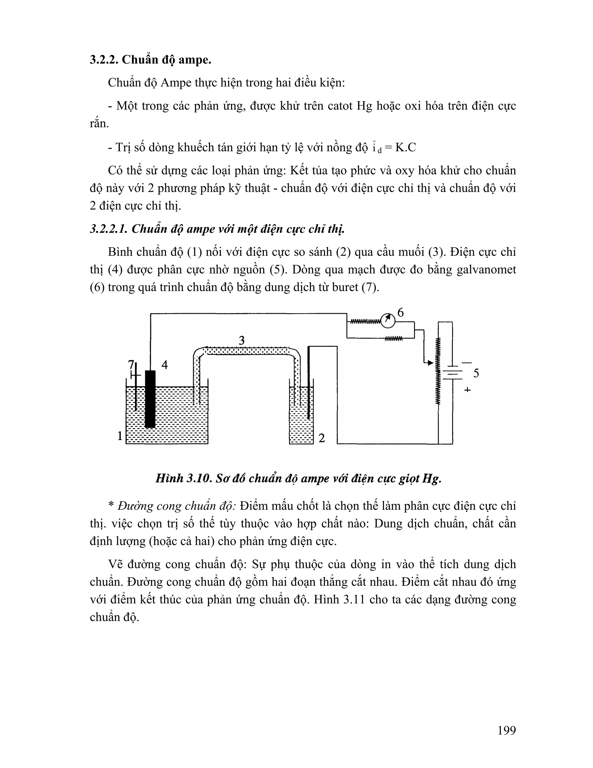 199 
3.2.2. Chuẩn độ ampe. 
Chuẩn độ Ampe thực hiện trong hai điều kiện: 
- Một trong các phản ứng, được khử trên catot Hg hoặc oxi hóa trên điện cực 
rắn. 
- Trị số dòng khuếch tán giới hạn tỷ lệ với nồng độ i d = K.C 
Có thể sử dựng các loại phản ứng: Kết tủa tạo phức và oxy hóa khử cho chuẩn 
độ này với 2 phương pháp kỹ thuật - chuẩn độ với điện cực chỉ thị và chuẩn độ với 
2 điện cực chỉ thị. 
3.2.2.1. Chuẩn độ ampe với một điện cực chỉ thị. 
Bình chuẩn độ (1) nối với điện cực so sánh (2) qua cầu muối (3). Điện cực chỉ 
thị (4) được phân cực nhờ nguồn (5). Dòng qua mạch được đo bằng galvanomet 
(6) trong quá trình chuẩn độ bằng dung dịch từ buret (7). 
* Đường cong chuẩn độ: Điểm mấu chốt là chọn thế làm phân cực điện cực chỉ 
thị. việc chọn trị số thế tùy thuộc vào hợp chất nào: Dung dịch chuẩn, chất cần 
định lượng (hoặc cả hai) cho phản ứng điện cực. 
Vẽ đường cong chuẩn độ: Sự phụ thuộc của dòng in vào thể tích dung dịch 
chuẩn. Đường cong chuẩn độ gồm hai đoạn thẳng cắt nhau. Điểm cắt nhau đó ứng 
với điểm kết thúc của phản ứng chuẩn độ. Hình 3.11 cho ta các dạng đường cong 
chuẩn độ. 
 