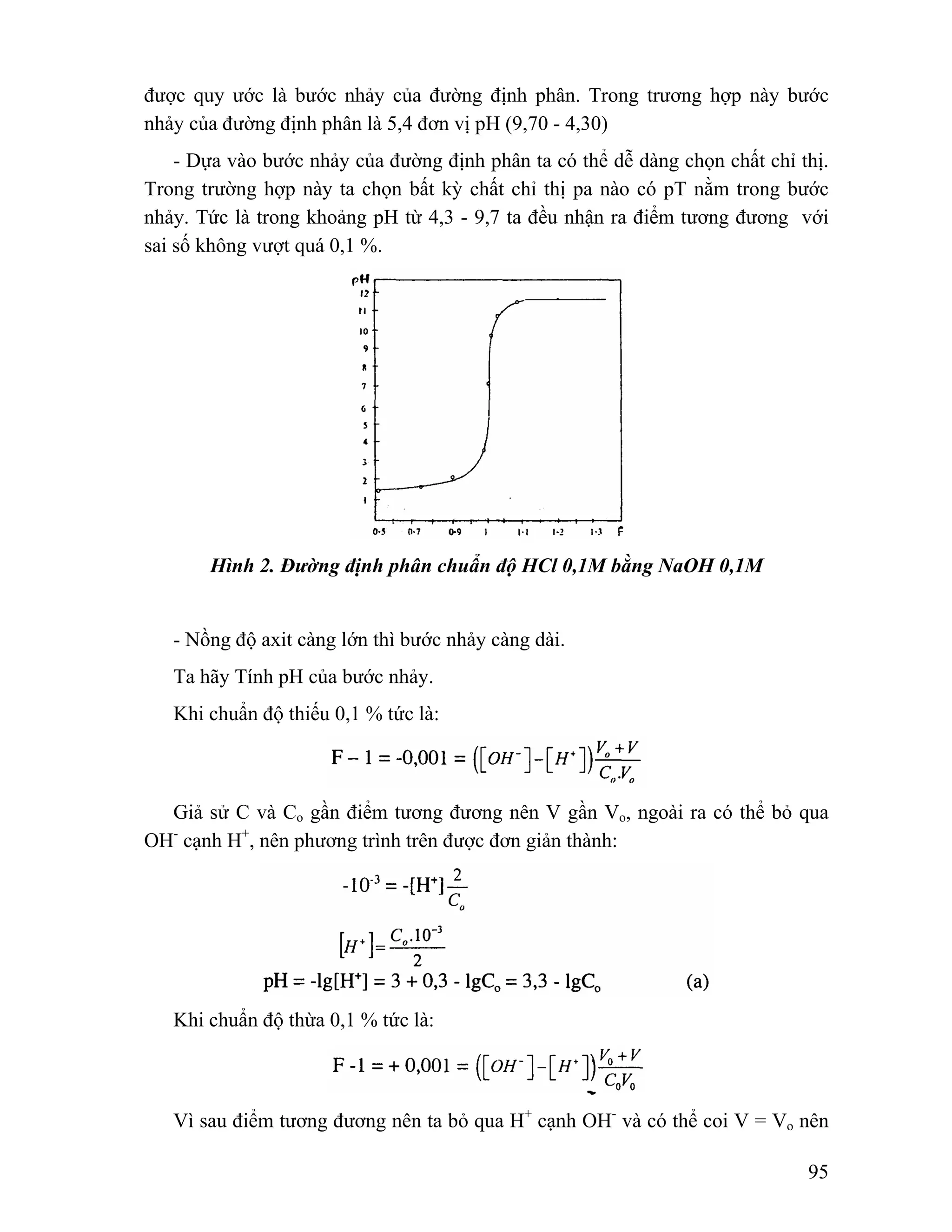 được quy ước là bước nhảy của đường định phân. Trong trương hợp này bước 
nhảy của đường định phân là 5,4 đơn vị pH (9,70 - 4,30) 
- Dựa vào bước nhảy của đường định phân ta có thể dễ dàng chọn chất chỉ thị. 
Trong trường hợp này ta chọn bất kỳ chất chỉ thị pa nào có pT nằm trong bước 
nhảy. Tức là trong khoảng pH từ 4,3 - 9,7 ta đều nhận ra điểm tương đương với 
sai số không vượt quá 0,1 %. 
95 
Hình 2. Đường định phân chuẩn độ HCl 0,1M bằng NaOH 0,1M 
- Nồng độ axit càng lớn thì bước nhảy càng dài. 
Ta hãy Tính pH của bước nhảy. 
Khi chuẩn độ thiếu 0,1 % tức là: 
Giả sử C và Co gần điểm tương đương nên V gần Vo, ngoài ra có thể bỏ qua 
OH- cạnh H+, nên phương trình trên được đơn giản thành: 
Khi chuẩn độ thừa 0,1 % tức là: 
Vì sau điểm tương đương nên ta bỏ qua H+ cạnh OH- và có thể coi V = Vo nên 
 