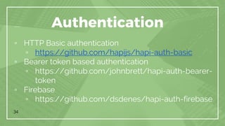 34
Authentication
▫ HTTP Basic authentication
▫ https://github.com/hapijs/hapi-auth-basic
▫ Bearer token based authentication
▫ https://github.com/johnbrett/hapi-auth-bearer-
token
▫ Firebase
▫ https://github.com/dsdenes/hapi-auth-firebase
 