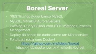 40
Boreal Server
https://github.com/msfidelis/boreal
https://hub.docker.com/r/msfidelis/boreal
▫ “RESTfica” qualquer banco MySQL
▫ MySQL, MariaDB, Aurora Servers
▫ Caching, Query Builder com HTTP methods, Process
Management.
▫ Deploy do banco de dados como um Microservice
▫ Feito para rodar com Docker!
 