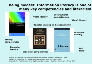 Being modest: Information literacy is one of
many key competencies and literacies!
Media literacy

Intercultural
competencies
Visual literacy

Decision-making and responsibility

Academic
literacy
Writing
competencies
Computer
literacy

E-literacy
Didactical competencies

(Martin, A.; Madigan, D.: Digital literacies for learning. London : Facet Publ., 2006.
Knobel, M; Lankshear, C.: A new literacies sampler. New York Lang, 2007.
Technische Universität Hamburg-Harburg
Selber, S. A.: Multiliteracies for a digital age. Carbondale : Southern Illinois Univ. Press, 2004)
www.tub.tu-harburg.de

Soft
skills

 
