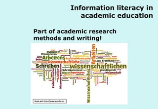 Information literacy in
academic education
Part of academic research
methods and writing!

Made with http://www.wordle.net
Technische Universität Hamburg-Harburg
www.tub.tu-harburg.de

 