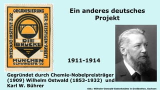 Ein anderes deutsches Projekt 
Gegründet durch Chemie-Nobelpreisträger (1909) Wilhelm Ostwald (1853-1932) und Karl W. Bührer 
Abb.: Wilhelm-Ostwald-Gedenkstätte in Großbothen, Sachsen 
1911-1914 
„Die Brücke – Internationales Institut zur Organisierung der geistigen Arbeit“ München,  