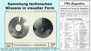 Sammlung technischen Wissens in visueller Form 
Abb.: Oskar Lasche: Deutsches Technisch-Wissenschaftliches Vortragswesen: ein Beitr. zur Ingenieurfortbildung. Zeitschr. d Vereines Deutscher Ingenieure 66 (1922)1, 1-3, Tafel 1  
