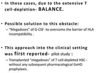 • In these cases, due to the extensive T
cell-depletion- BALANCE.
• Possible solution to this obstacle:
– “Megadoses” of G-CSF -to overcome the barrier of HLA
incompatibility .
• This approach into the clinical setting
was first reported- pilot study :
– Transplanted “megadoses” of T cell-depleted HSC -
without any subsequent pharmacological GvHD
prophylaxis.
 