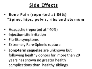 Side Effects
• Bone Pain (reported at 86%)
*Spine, hips, pelvis, ribs and sternum
• Headache (reported at ~40%)
• Injection-site irritation
• Flu-like symptoms
• Extremely Rare-Splenic rupture
• Long-term sequelae are unknown but
following healthy donors for more than 20
years has shown no greater health
complications than healthy siblings
 
