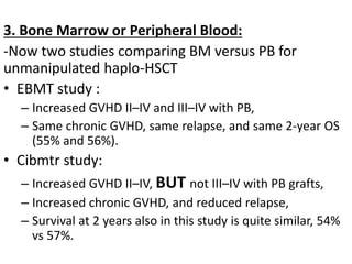 3. Bone Marrow or Peripheral Blood:
-Now two studies comparing BM versus PB for
unmanipulated haplo-HSCT
• EBMT study :
– Increased GVHD II–IV and III–IV with PB,
– Same chronic GVHD, same relapse, and same 2-year OS
(55% and 56%).
• Cibmtr study:
– Increased GVHD II–IV, BUT not III–IV with PB grafts,
– Increased chronic GVHD, and reduced relapse,
– Survival at 2 years also in this study is quite similar, 54%
vs 57%.
 