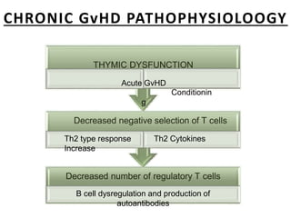 CHRONIC GvHD PATHOPHYSIOLOOGY
Decreased number of regulatory T cells
B cell dysregulation and production of
autoantibodies
Decreased negative selection of T cells
Th2 type response Th2 Cytokines
Increase
THYMIC DYSFUNCTION
Acute GvHD
Conditionin
g
 