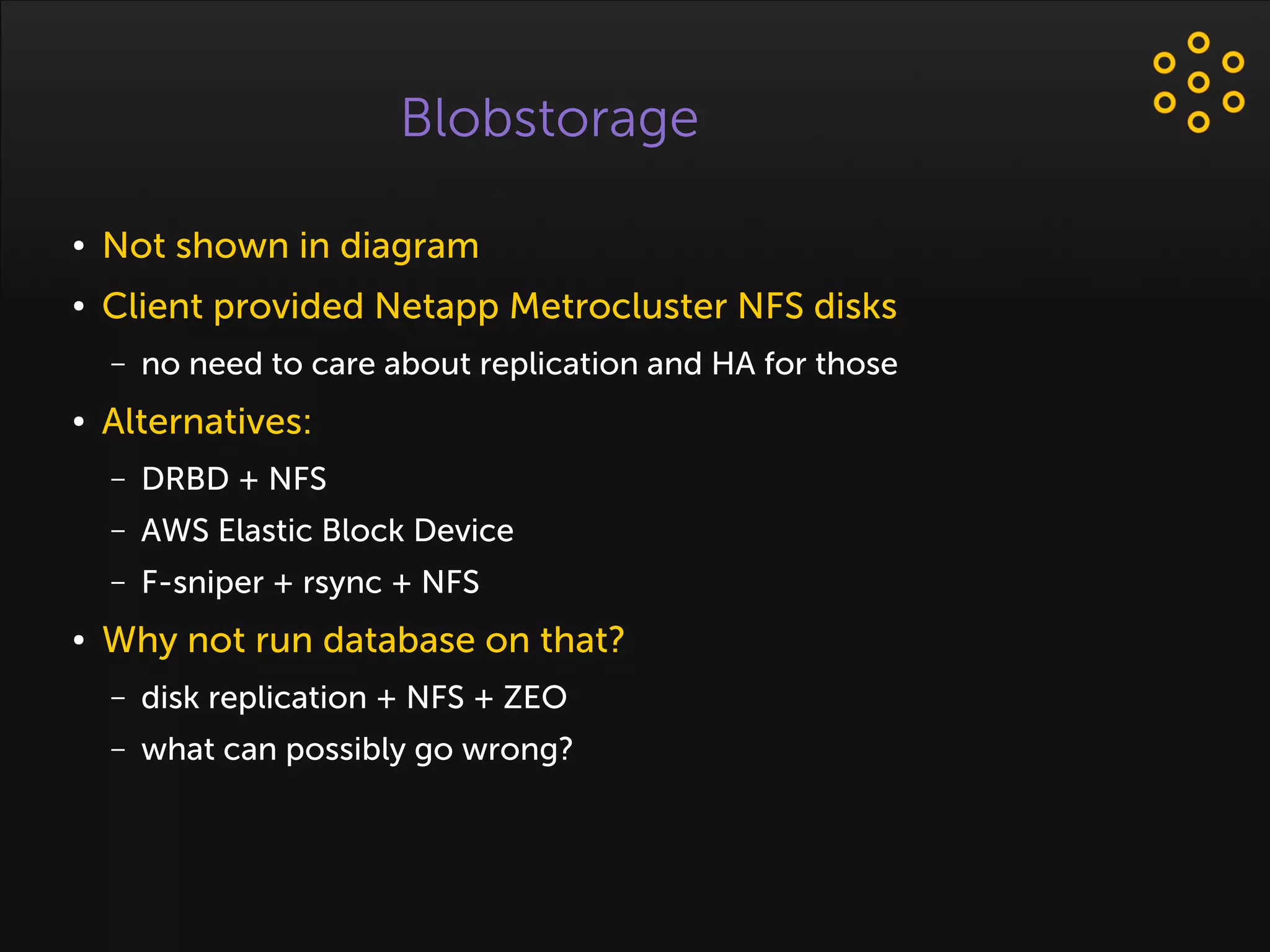 Blobstorage
● Not shown in diagram
● Client provided Netapp Metrocluster NFS disks
– no need to care about replication and HA for those
● Alternatives:
– DRBD + NFS
– AWS Elastic Block Device
– F-sniper + rsync + NFS
● Why not run database on that?
– disk replication + NFS + ZEO
– what can possibly go wrong?
 