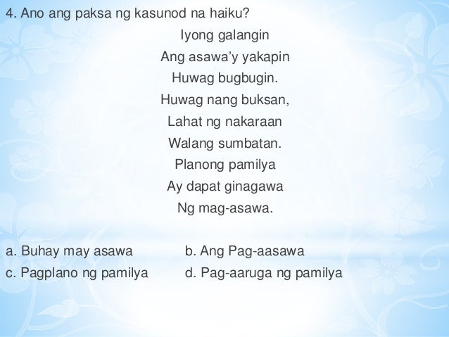 panahon ng hapon tula panitikan Pampanitikan tulad ng mga karunungang bayan, tula, dula at maikling kuwento na lumaganap sa panahon ng katutubo, espanol at hapon upang maunawaan. panahon ng hapon tula panitikan Pampanitikan tulad ng mga karunungang bayan, tula, dula at maikling kuwento na lumaganap sa panahon ng katutubo, espanol at hapon upang maunawaan.