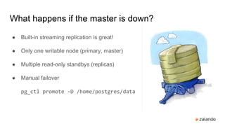What happens if the master is down?
● Built-in streaming replication is great!
● Only one writable node (primary, master)
● Multiple read-only standbys (replicas)
● Manual failover
pg_ctl promote -D /home/postgres/data
 