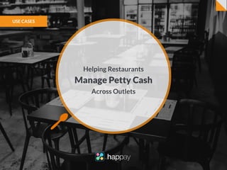 Helping
Restaurants
Manage Petty Cash Across Outlets
USE CASES
 