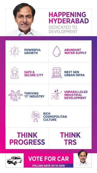 HAPPENING
HYDERABAD
DEDICATED TO
DEVELOPMENT
VOTE FOR CAR
POLLING DATE: 07-12-2018
THINK
PROGRESS
RICH
COSMOPOLITAN
CULTURE
ABUNDANT
WATER SUPPLY
POWERFUL
GROWTH
SAFE &
SECURE CITY
NEXT GEN
URBAN INFRA
THRIVING
‘IT’ INDUSTRY
UNPARALLELED
INDUSTRIAL
DEVELOPMENT
THINK
TRS
 