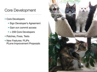 Core Development

• Core Developers
   • Sign Developer’s Agreement
   • Gain svn commit access
   • > 200 Core Developers
• Patches, Fixes, Tests
• New Features: PLIPs
  PLone Improvement Proposals
 